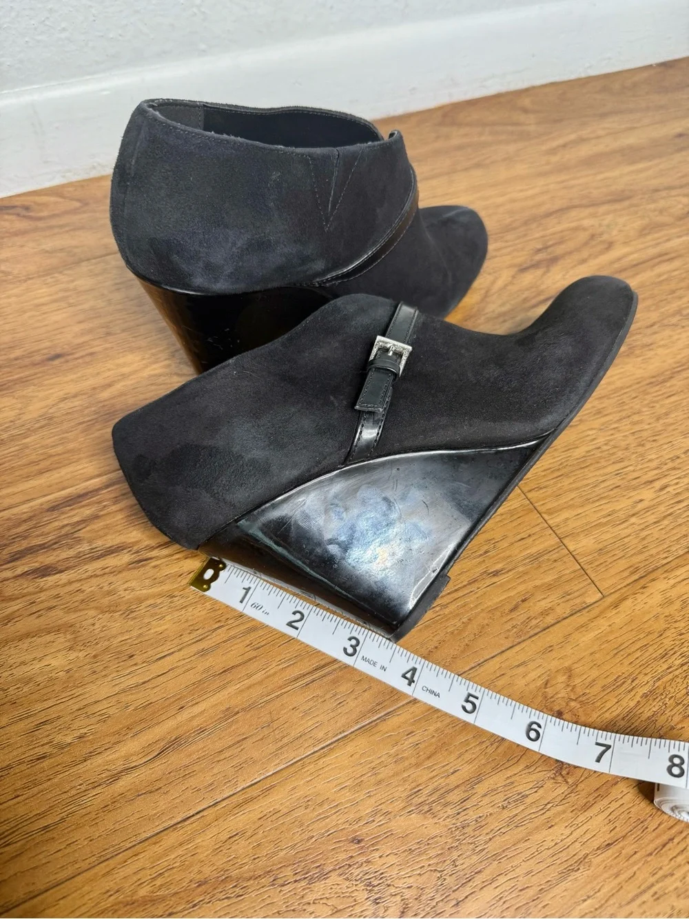 Anne Klein Black Faux Suede Wedge Booties Size 7M Buckle Detail
